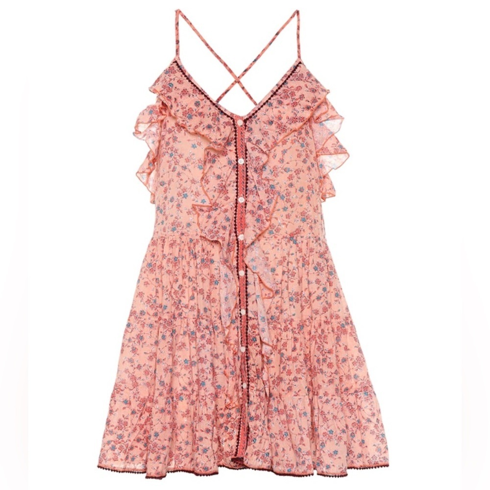 Poupette St. Barth Tamara Ruffle Floral Cross Back Mini Dress Pink Flower Small